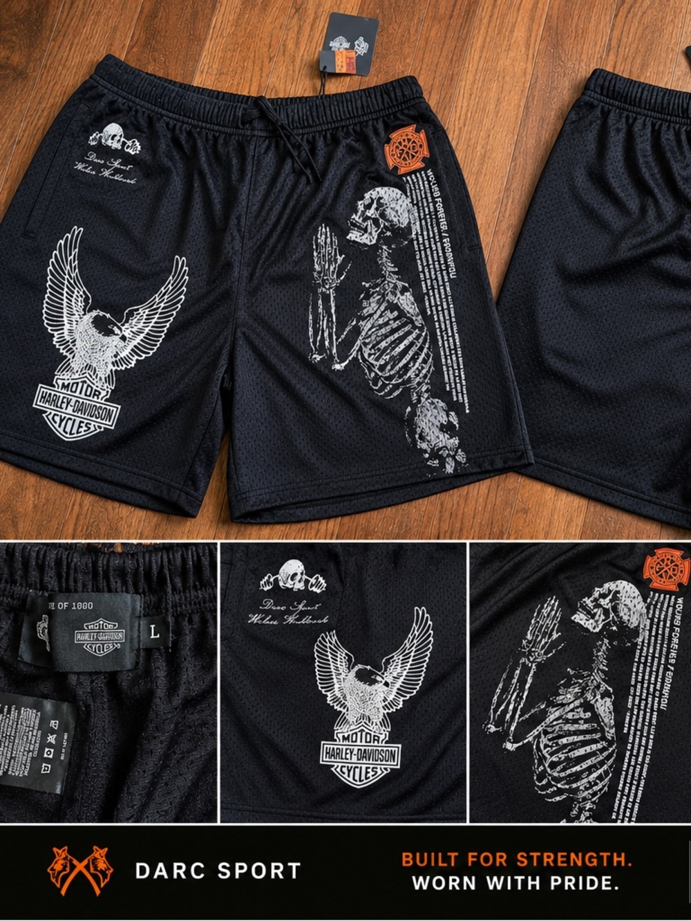Harley-Davidson x Darc Sport “The Eagle & The Wolf” Mesh Shorts Black Size Large